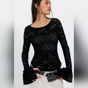 New With Tags Free People Sheer Black Lace Flared Sleeve Top Small